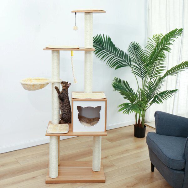 Arbre à chat en bois de Sisal pour chats et chatons, poste à gratter, tour à plusieurs niveaux avec jouets et maison