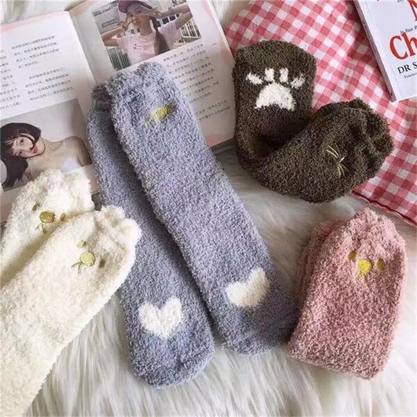 chaussette chat chaudes et épaisses pour femmes, chaussettes de dessin animé de patte de chat mignon