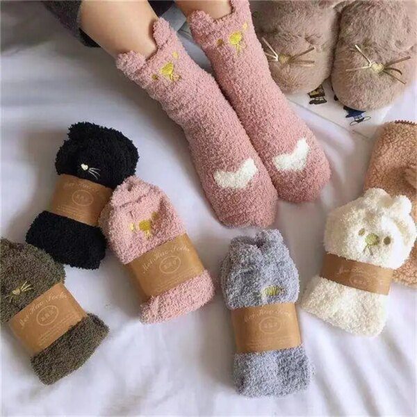 chaussette chat chaudes et épaisses pour femmes, chaussettes de dessin animé de patte de chat mignon