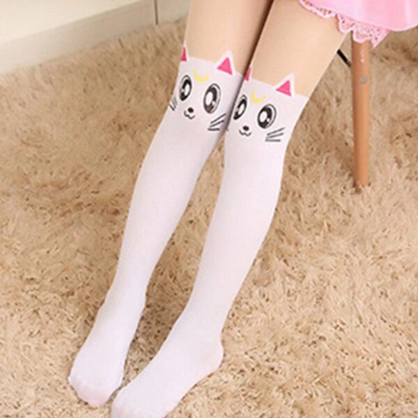 chaussette chat Collants en Faux Velours Blanc à Motif de Chat