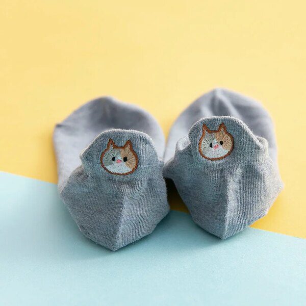 chaussette chat bateau en coton pour femmes, chaussettes à talons brodés