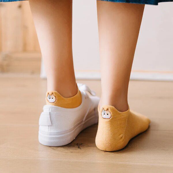 chaussette chat bateau en coton pour femmes, chaussettes à talons brodés