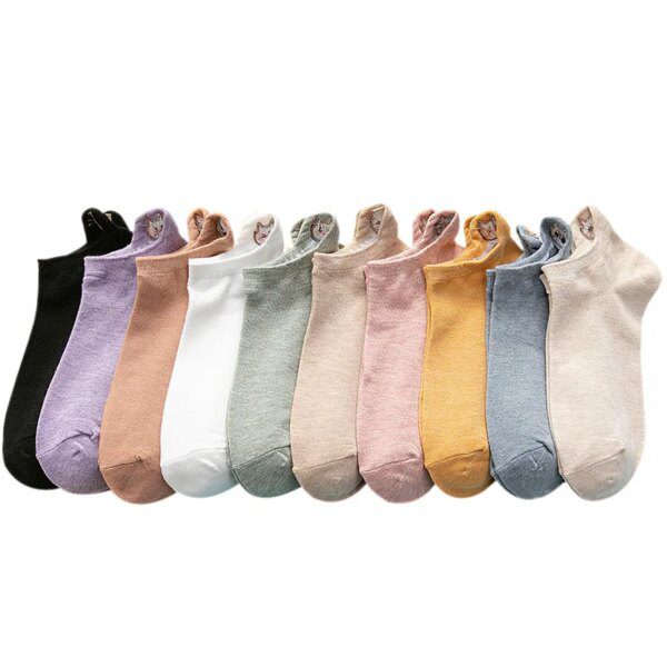 chaussette chat bateau en coton pour femmes, chaussettes à talons brodés