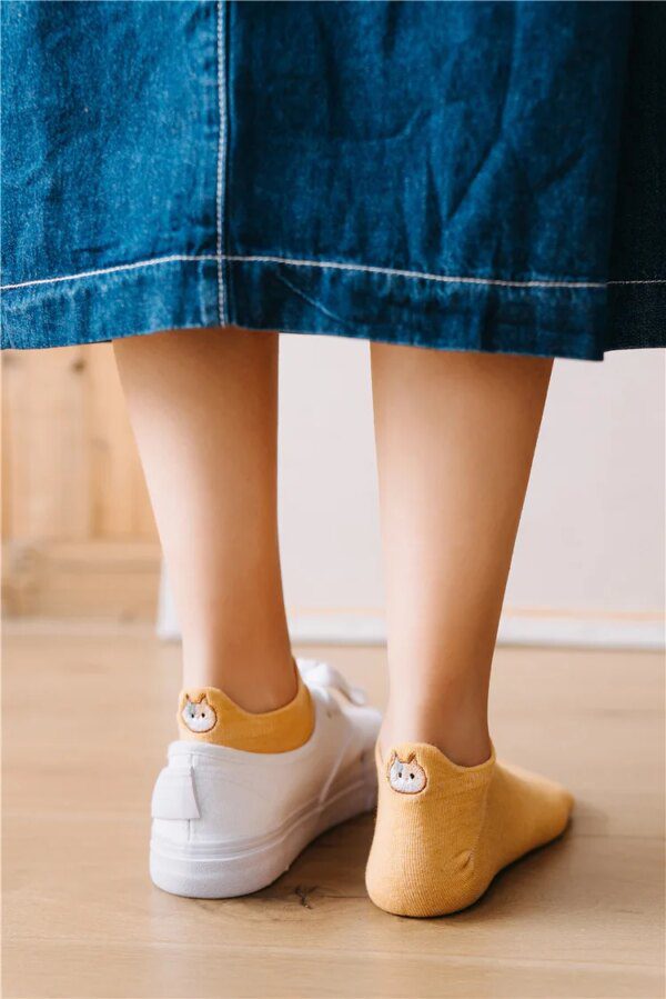 chaussette chat en pur coton pour femme, chat mignon, broderie animale, dessin animé amusant