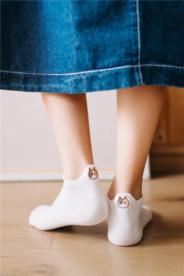 chaussette chat en pur coton pour femme, chat mignon, broderie animale, dessin animé amusant