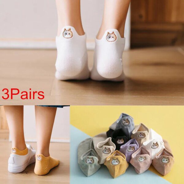 chaussette chat en pur coton pour femme, chat mignon, broderie animale, dessin animé amusant