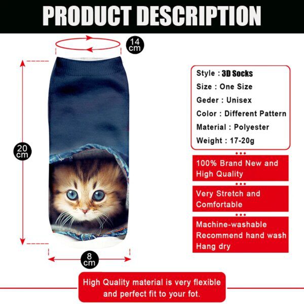 chaussette chat amusantes en coton imprimé 3D, unisexe, chaton de dessin animé