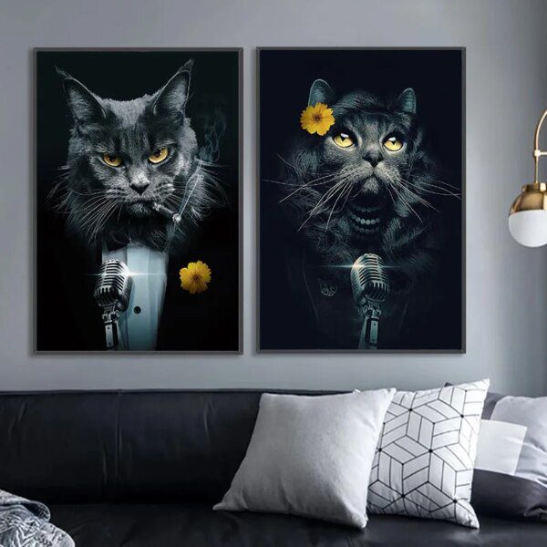 tableau chat Peinture sur toile de chat imbibé, décoration murale sans cadre, impressions d'animaux noirs