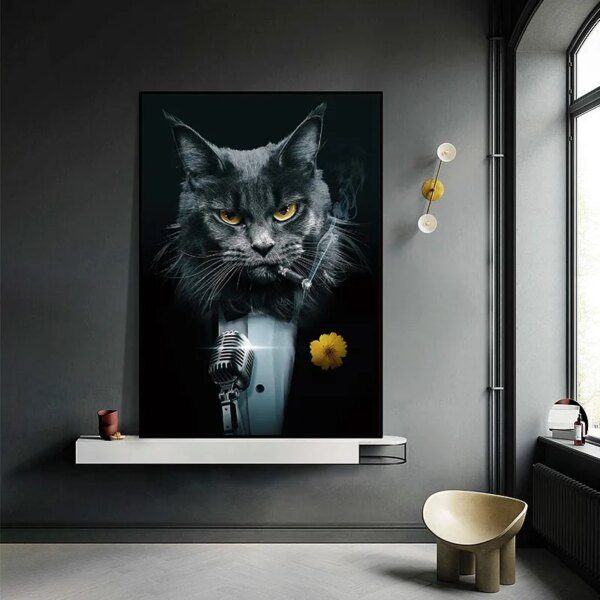 tableau chat Peinture sur toile de chat imbibé, décoration murale sans cadre, impressions d'animaux noirs