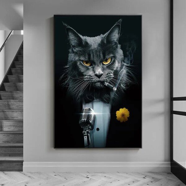 tableau chat Peinture sur toile de chat imbibé, décoration murale sans cadre, impressions d'animaux noirs