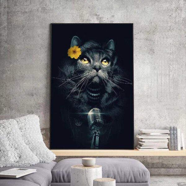 tableau chat Peinture sur toile de chat imbibé, décoration murale sans cadre, impressions d'animaux noirs