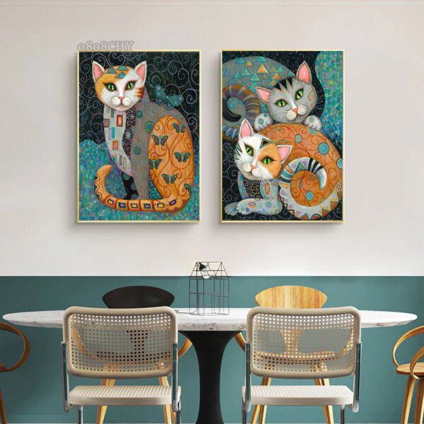 tableau chat Gustav Klimt – peinture sur toile de Style chats, abstrait, mignon, animal de compagnie