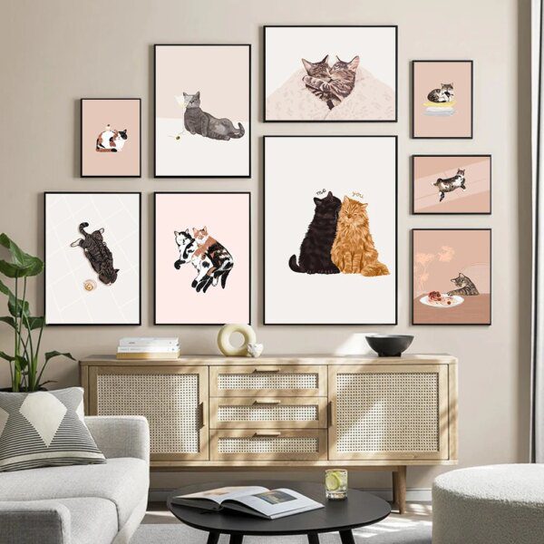 tableau chat Affiche nordique et peinture sur toile imprimée, Animal de compagnie, chat, dessin animé